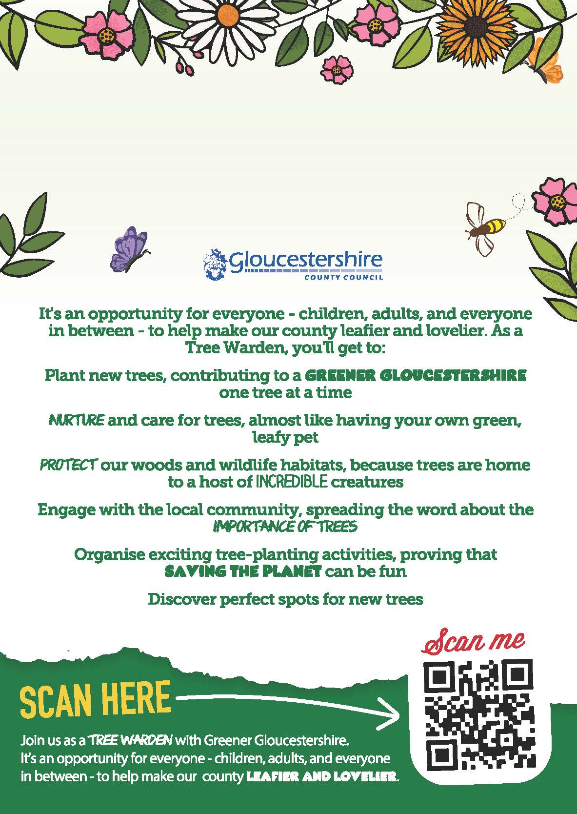 Greener Gloucester tree warden flyer. Scan to join as a tree warden.